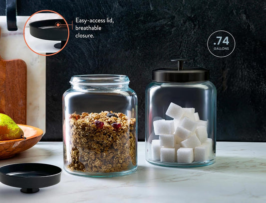 KooK Glass Kitchen Canister Set, Food & Storage Containers for Pantry, Bathroom Apothecary Jars, Tinplate Lids, Counter Organizers, 0.74 Gallon, Black, Set of 2