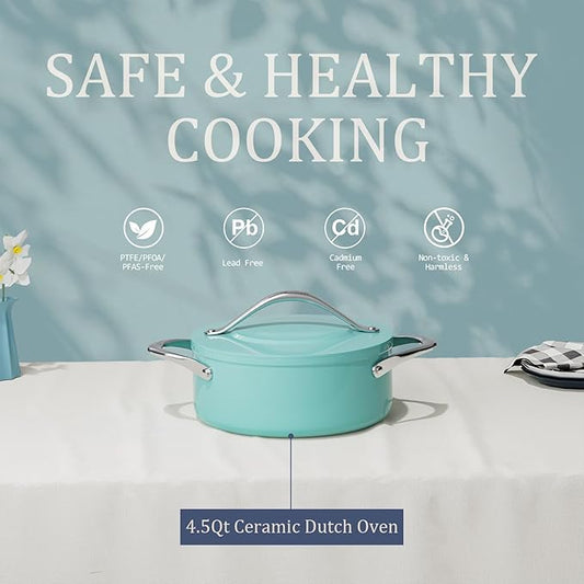 Stock Pot 4.5qt Dutch Oven with Lid (9.5") Nonstick Ceramic Coated Non-Toxic PFAS-Free Even Heat Distribution for Braising, Baking Bread & Soups, Compatible for All Cooktops(Induction/Gas/Electric) Oven Safe to 500°F (Caribbean Blue)