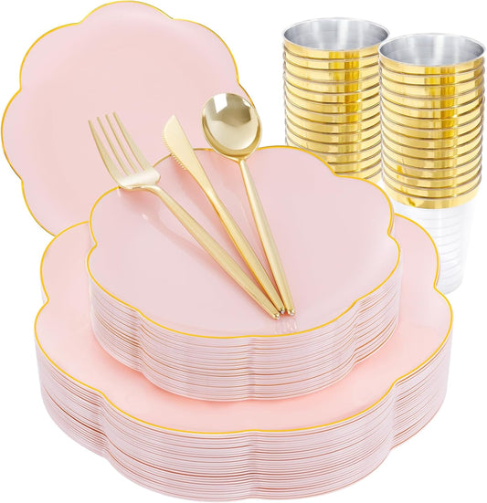 EI 180pcs Pink Plastic Plates with Gold Plastic Silverware,Party Plates Disposable,Pink Dinnerware Set for Afternoon Tea,Wedding,Birthday,Easter