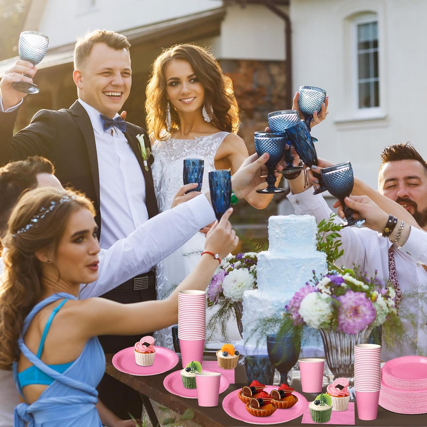 Tioncy 200 Pcs Disposable Paper Plates Cups and Napkins Party Supplies Serve 50 Guests Disposable Paper Dinnerware Set for Halloween Birthday Wedding Baby Shower Family Picnic(Pink)