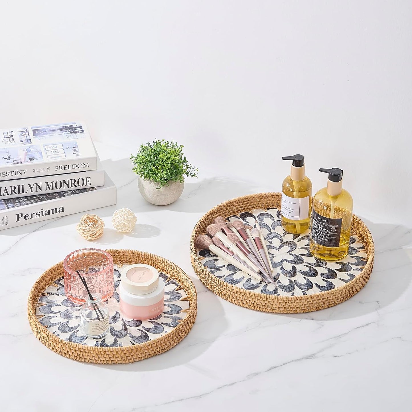 Round Rattan Tray with Mother of Pearl Inlay, Rattan Serving Tray with Wooden Base, Decorative Wicker Basket for Table Decor, Storage and Display of Coffee Bread Food Fruit (Plume 13.5")