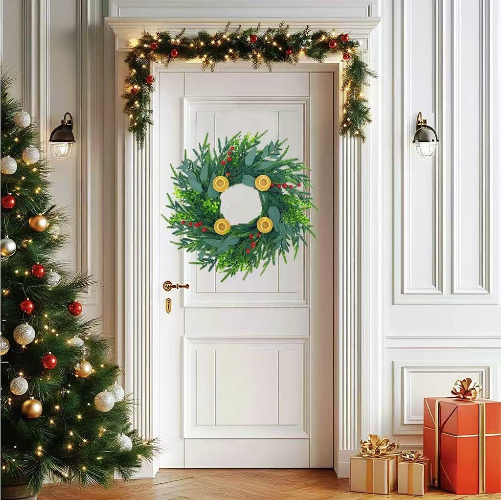 20Inch Christmas Pine Candle Wreath for Front Door, Artificial Advent Candle Holder with Red Berries for Holiday Tabletop Wall Window Porch Candle Decor