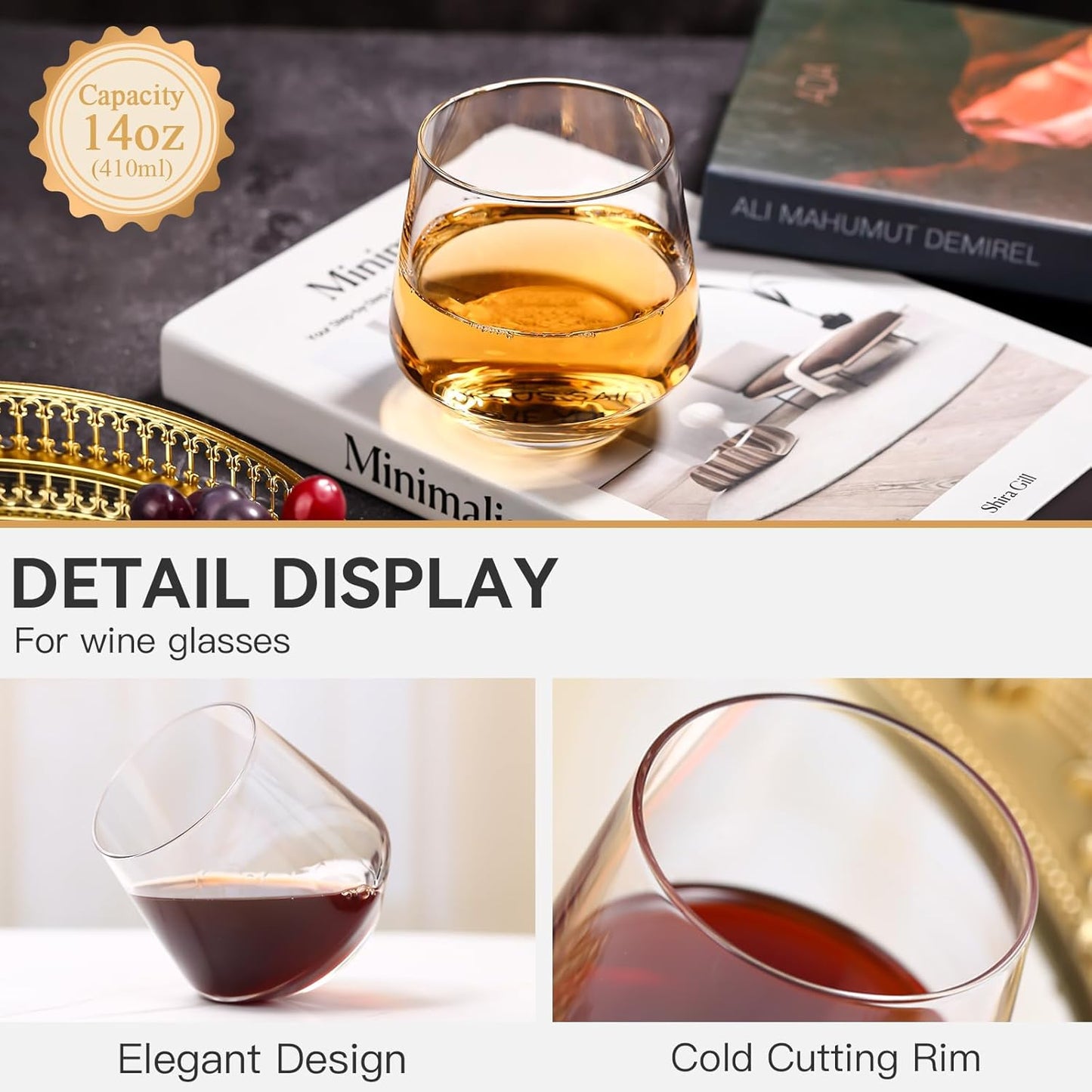 Stemless Wine Glasses Set of 6,13oz Hand Blown Water Glasses,Red Wine Glasses for Beer,Juice,Mojito,Iced Tea,Kitchen,Bar Cocktail