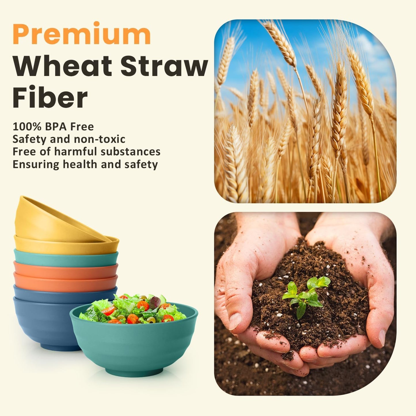 Homienly Wheat Straw Bowl Set, Large Salad Bowls Set of 8-60 OZ Large Capacity Big Bowls, Unbreakable Popcorn Bowl, Microwave and Dishwasher Safe Bowl for Kithchen, Camping, Party - Multi, Matte