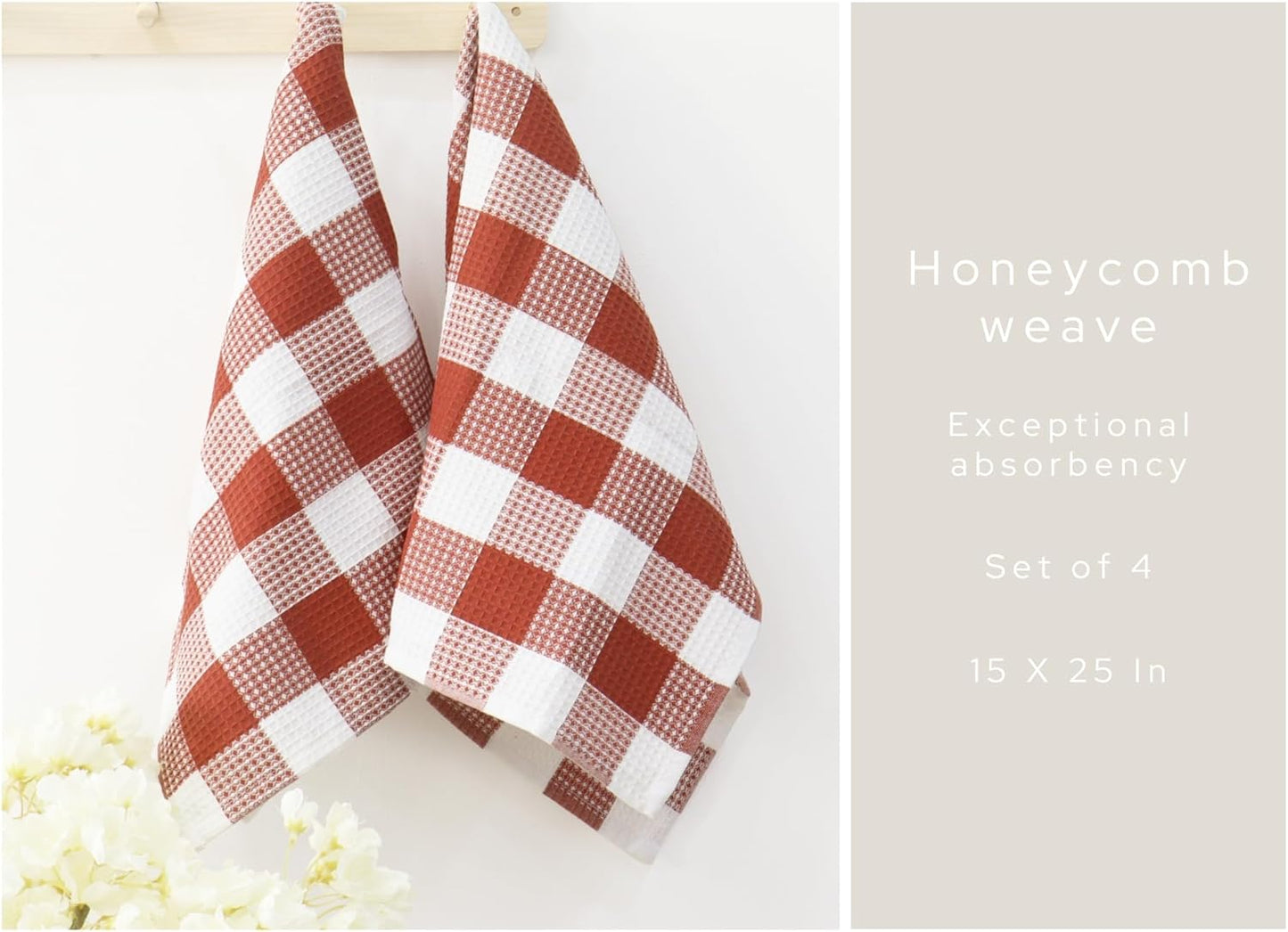 PurpleEssences Rust 100% Cotton Waffle Weave Check Plaid Kitchen Towels, Super Soft and Absorbent Dish Towels for Drying Dishes 15 x 25-4 Pack - Fall Thanksgiving - Rust and White