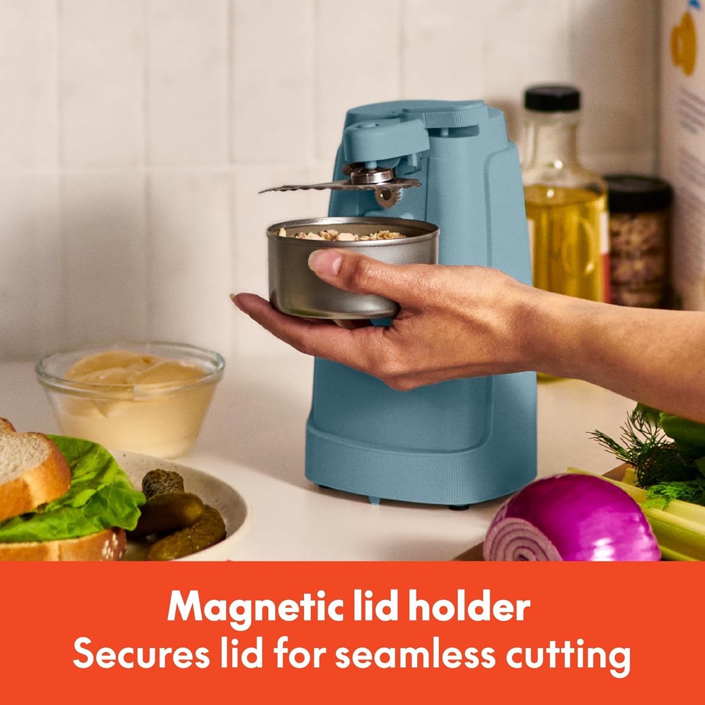 bella Electric Can Opener and Knife Sharpener, Multifunctional Jar and Bottle Opener with Removable Cutting Lever and Cord Storage, Stainless Steel Blade, Surf