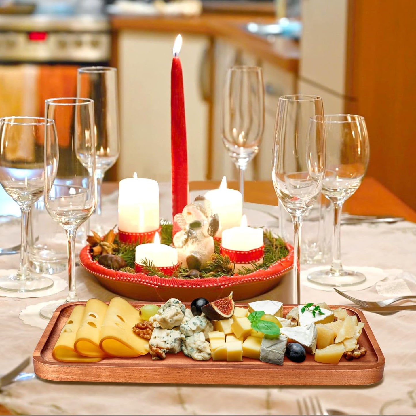 Acacia Wood Platter Small 12"X5.5" Charcuterie Boards Long Rectangle Decorative Trays Home Decor Cheese Board Wooden Serving Platters for Cookie, Snack, Dessert, Food Dish Cake Appetizer Plates