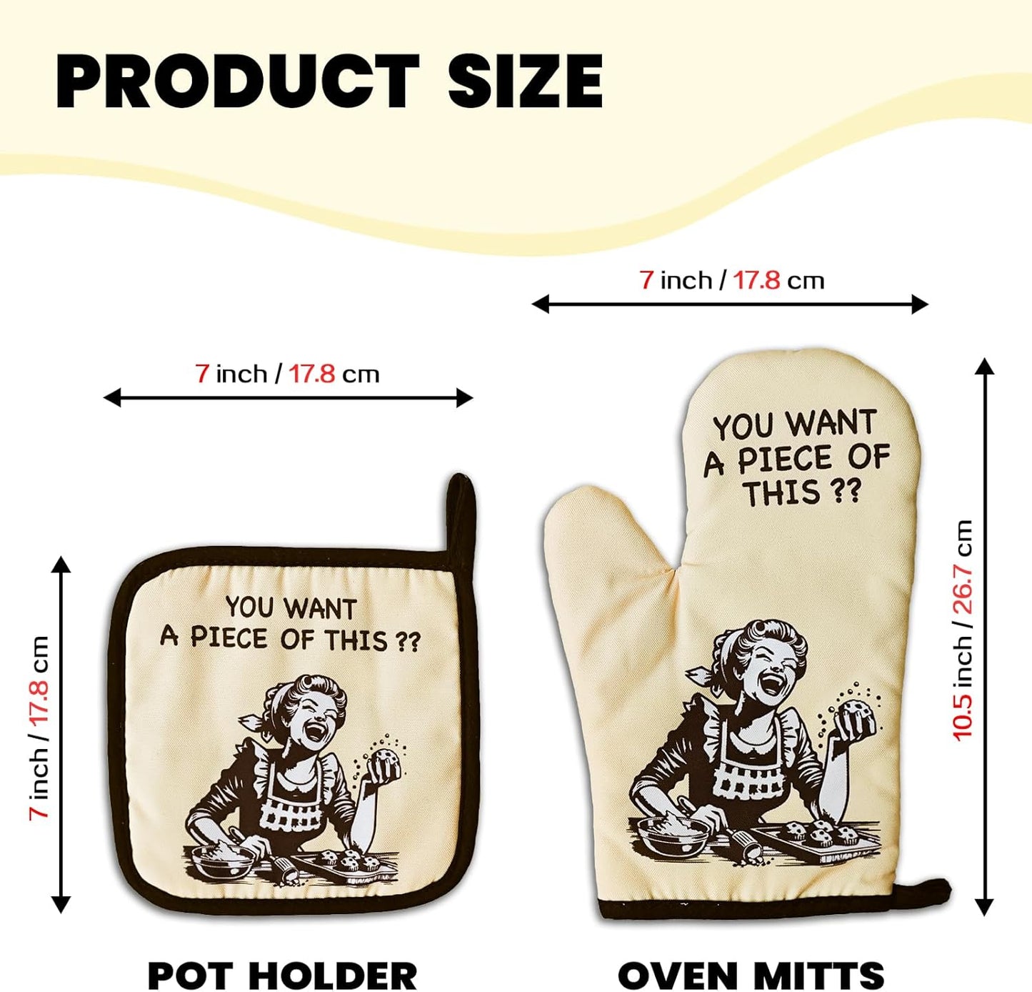Funny Oven Mitts and Pot Holders（Set of 2） You Want A Piece of This Heat Resistant Mitts Retro Housewife Silicone Non-Slip Oven Mitts Novelty Kitchen Baking Gift for Women Hostess Bake Lover