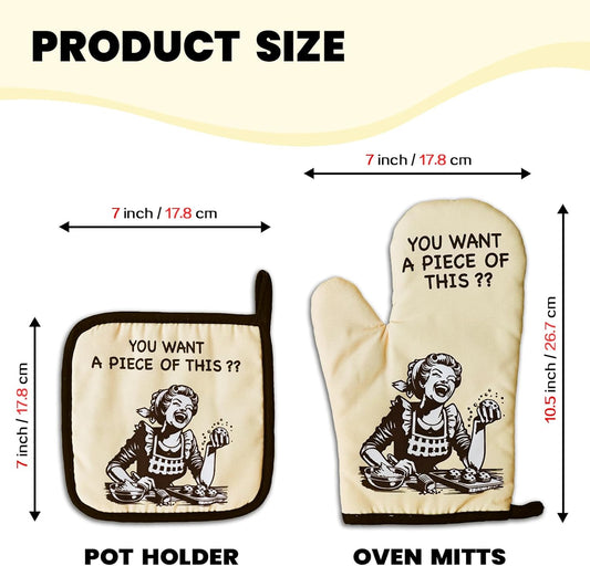 Funny Oven Mitts and Pot Holders（Set of 2） You Want A Piece of This Heat Resistant Mitts Retro Housewife Silicone Non-Slip Oven Mitts Novelty Kitchen Baking Gift for Women Hostess Bake Lover