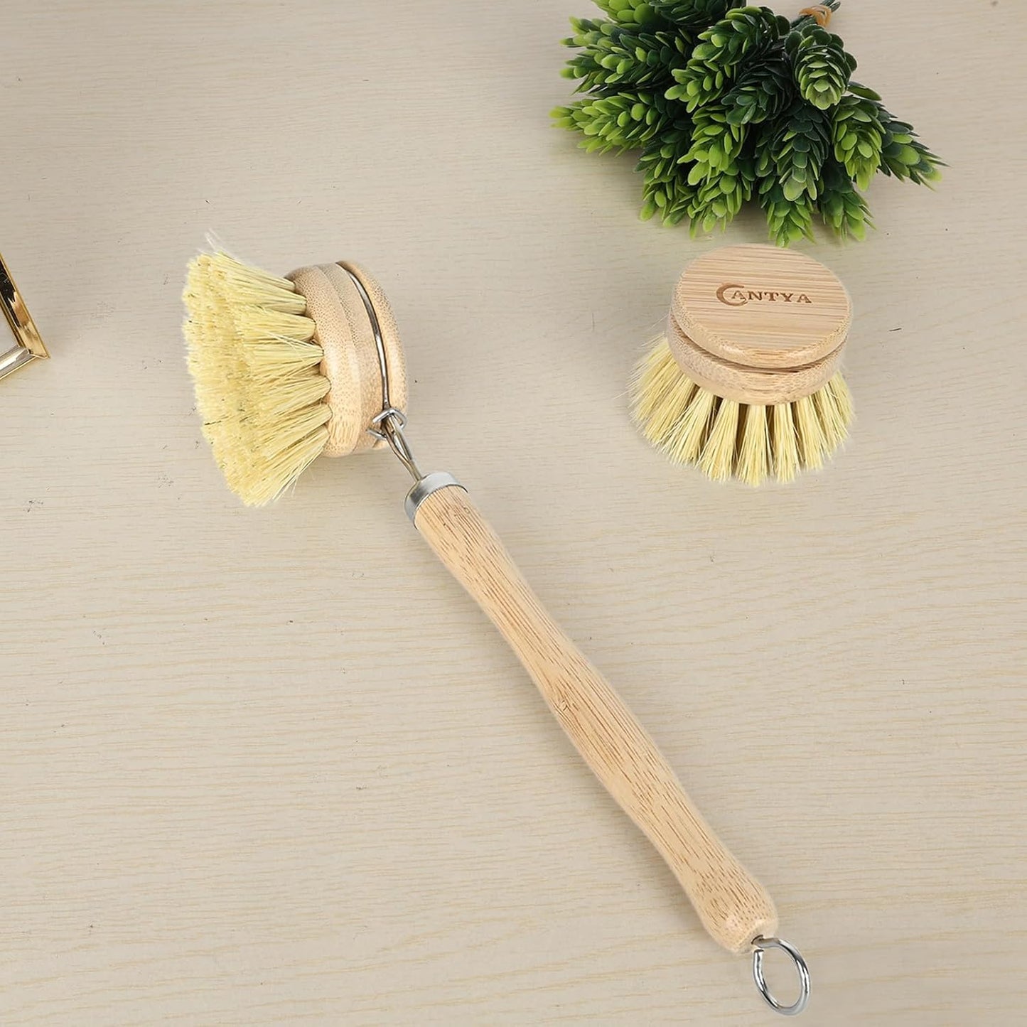 Bamboo Dish Brush with Handle - 4 Replacement Heads, Non Toxic Dish Scrubber Compostable & Sustainable, Scrub Brush for Cleaning Kitchen Utensils(Soft Bristles)