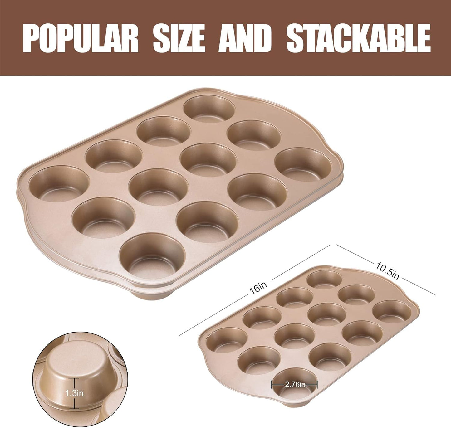 2 Pack Nonstick Muffin Pan Set, 12-Cup Heavy Duty Cupcake Baking Pan with Handles - PFOA-Free Muffin Tin, Rust Proof & Warp Resistant, Oven Safe 430°F (Gold)