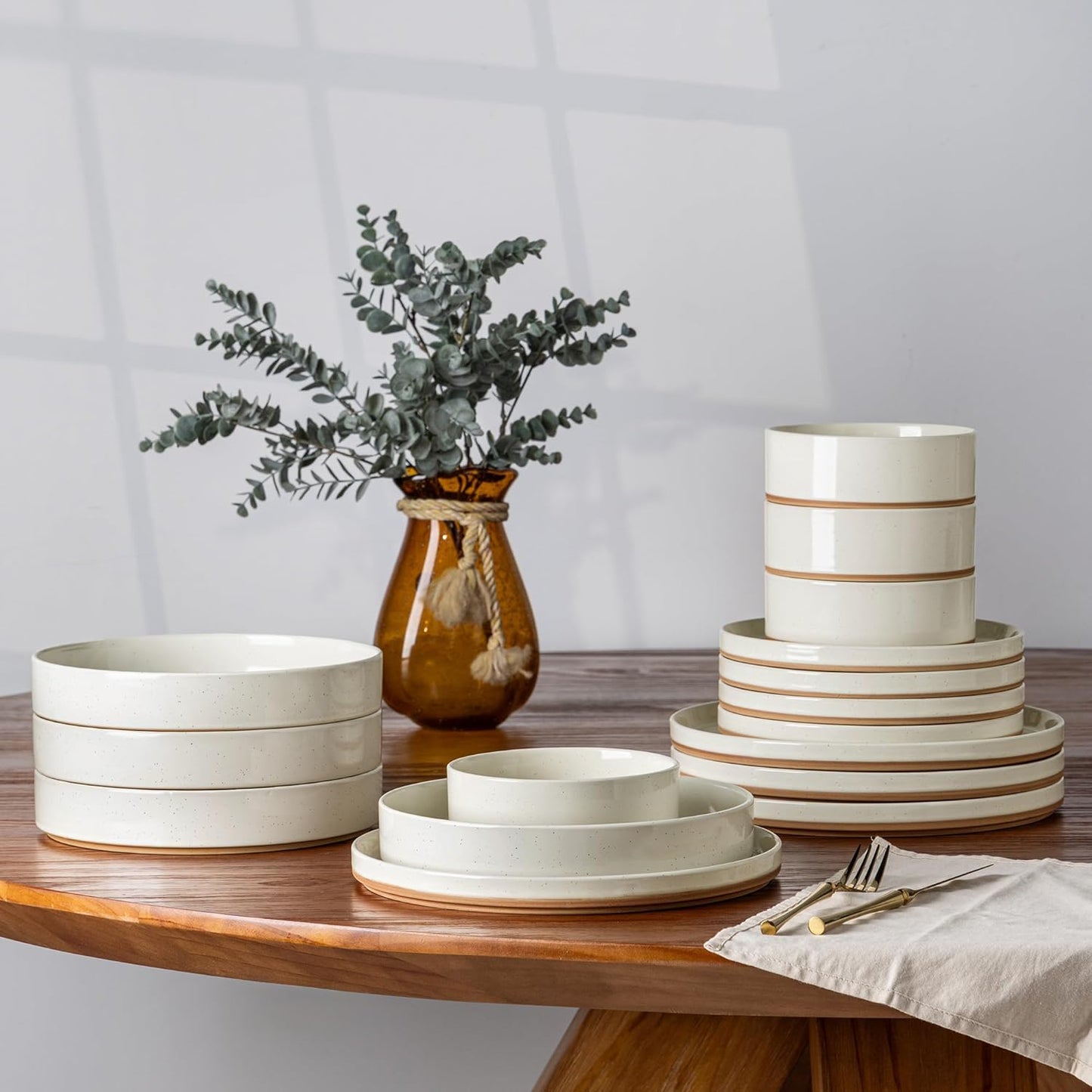 AmorArc Ceramic Dinnerware Set for 4 | Speckled Stoneware Plates and Bowls with unglazed terracotta | Scratch Resistant, Dishwasher & Microwave Safe Dishes Sets- 12-Pcs