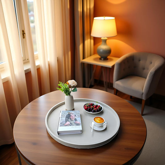 25-inch Round Ottoman Serving Tray - Textured PU Leather Coffee Table Decor, Waterproof Heat-Resistant Large Organizer for Home, Office, Bed & Party Essentials (Tranquil Beige, 25)