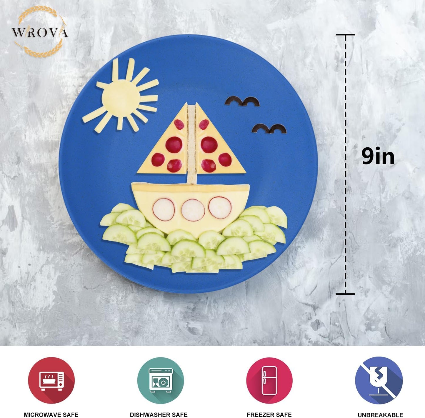 Wrova Wheat Straw Dinner Plates 9 Inch Unbreakable Set of 8 - Dishwasher & Microwave Safe Plastic Plates Reusable - Lightweight Plates for Kitchen,Camping,Apartment,Dorm,RV,Party - Ocean Series