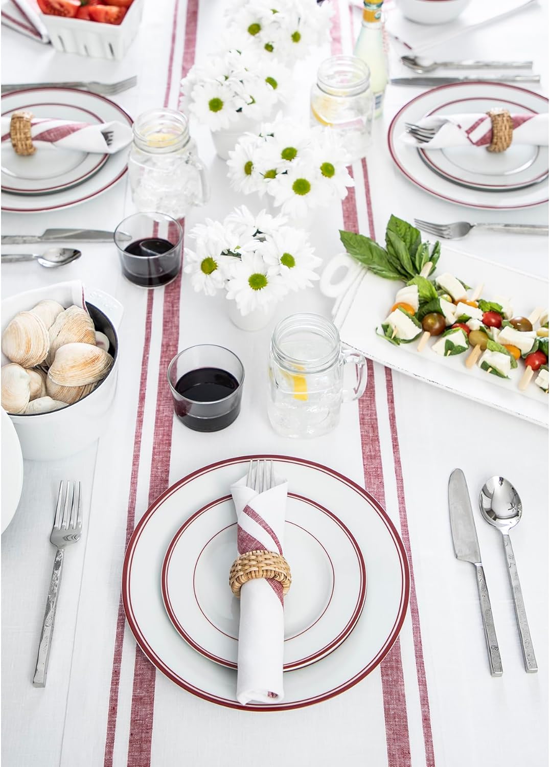 Solino Home Linen Table Runner 108 Inches Long - French Stripe, 100% Pure Linen Burgundy and White Farmhouse Table Runner 16 x 108 Inch Ideal for Dining, Fall, Autumn, Thanksgiving