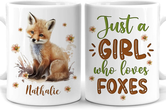 Hyturtle Personalized Gifts Fox Lover - Just A Girl Who Loves Foxes Custom Name Ceramic Coffee Mug Cup 11oz - Idea Cute Animal Lover Gifts For Women, Girl Daughter On Birthday, Christmas