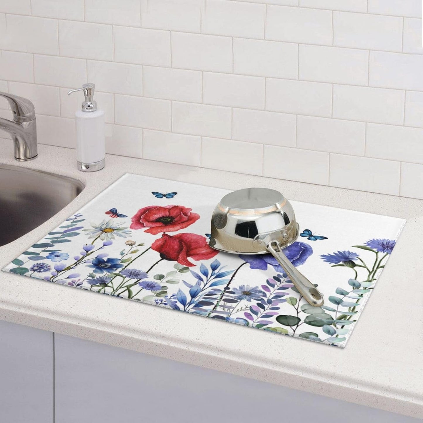 Independence Day Dish Drying Mat 18x24 For Kitchen Counter 4th Of July Blue Red Floral Kitchen Drying Mat Memorial Day Decorative patriotic Flower Drying Pad for Kitchen Decor,Dining Room