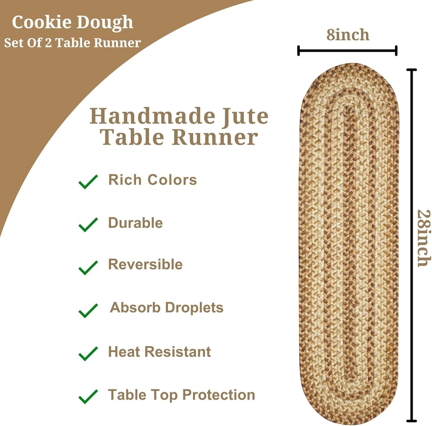 Homespice Cookie Dough Jute Braided Table Runner, Country Rustic Decor, Set of 2, Brown Oval 8x28 - Also Ideal as Stair Treads - Rich Colors, Easy to Clean, Durable and Protects Furniture
