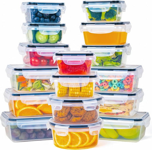 32 Piece Food Storage Container with Lids (16 Containers + 16 Lids) - Plastic Food Containers with Lid, Airtight Leak Proof Snap Lock, BPA Free Storage Containers