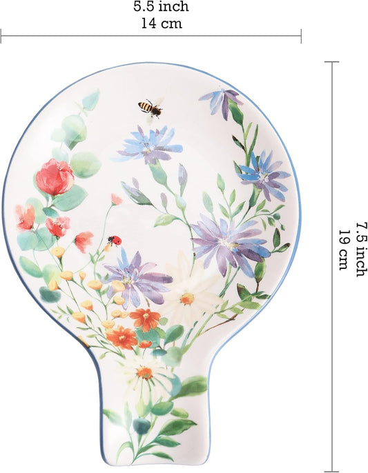 Bico Summer Provence Spoon Rest for Stove Top, Ceramic Spoon Holder for Kitchen Counter, Easy to Clean Coffee Spoon Rest Dishwasher Safe, Kitchen Cooking Utensil Rest for Ladles Spatula