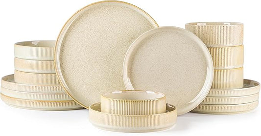 TheTerra Ceramic Dinnerware Sets with Pasta Bowls for 4, 16 Pieces Porcelain Lightweight Speckled Plates and Bowls Sets, Scratch Resistant Dish Set, Oven & Microwave & Dishwasher Safe, Cappuccino