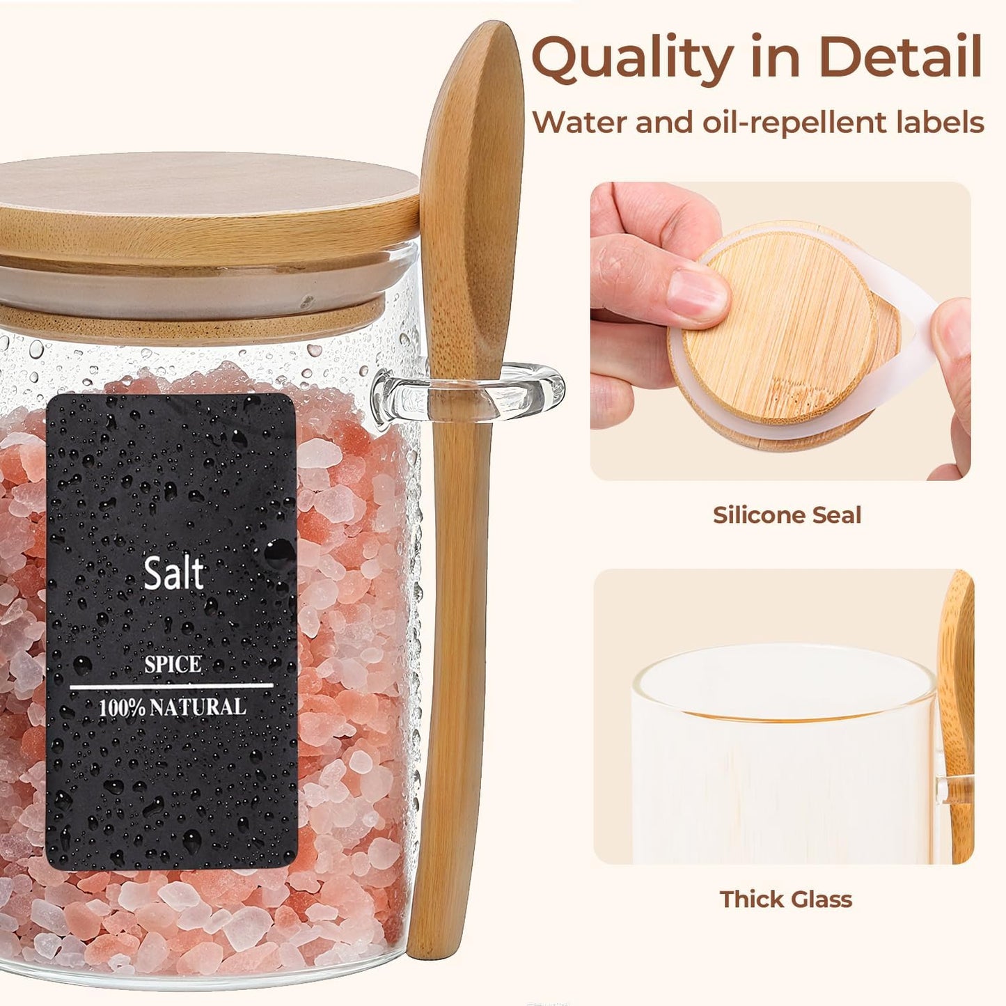 ComSaf Spice Jars with Spoon 8 oz 6Pack, Small Spice Containers Starter Set, Glass Seasoning Jars with Labels, Round Seasoning Containers for Salt, Pepper, Chili Powder, Sugar, Loose Tea Storage