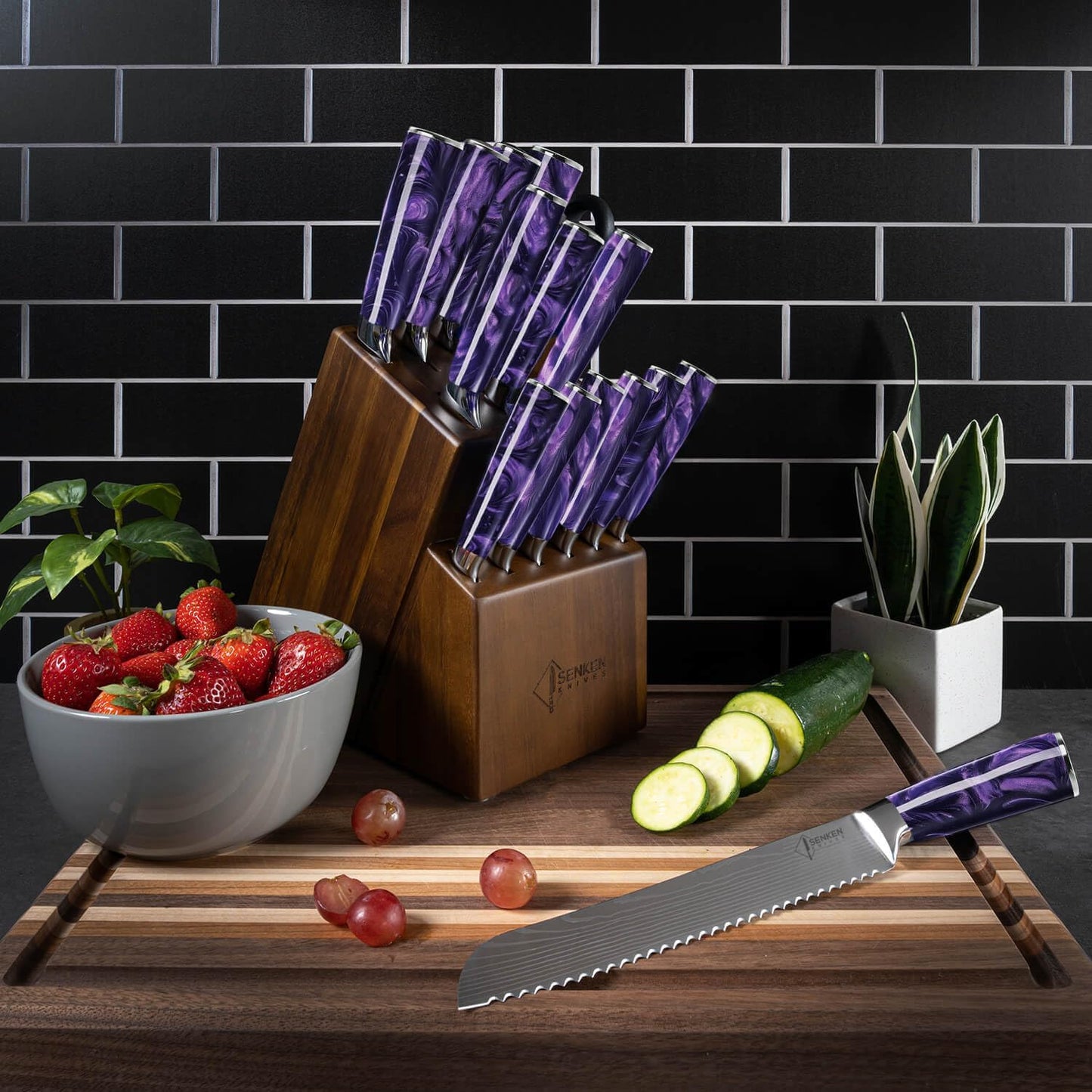 SENKEN 16-Piece Kitchen Knife Block Set - Japanese Chef's Knife Set with Laser Damascus Pattern, Includes 6 Steak Knives and Smoothly-Finished Acacia Hardwood Knife Block (Purple Resin Handles)