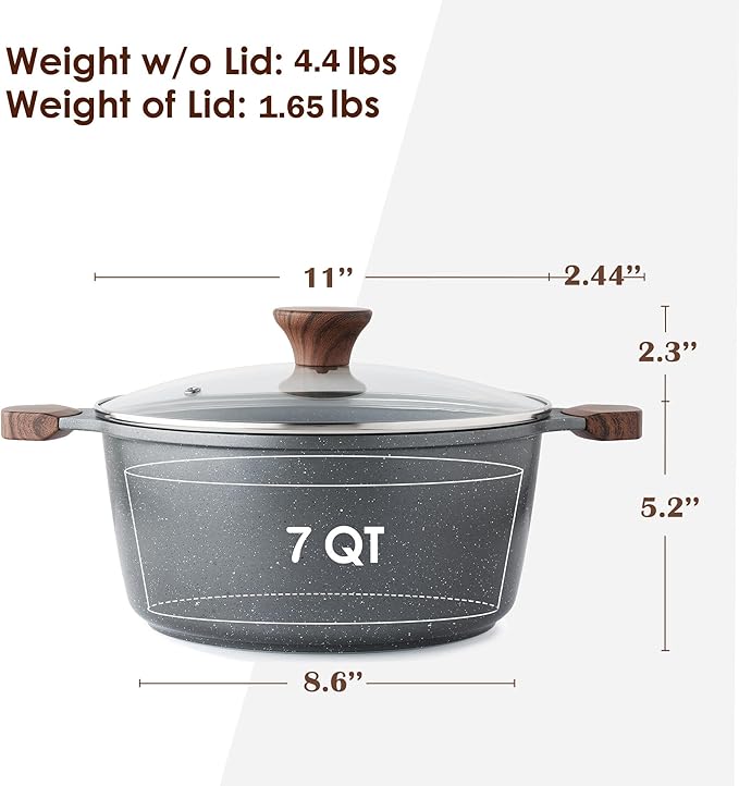 SENSARTE Nonstick Stock Pot with Lid, 7 Qt Induction Cooking Pot with Tempered Glass Lid, Stew Pot with Swiss Nonstick Granite Coating, Pasta Casserole, PFOA PFOS APEO Free, Gray