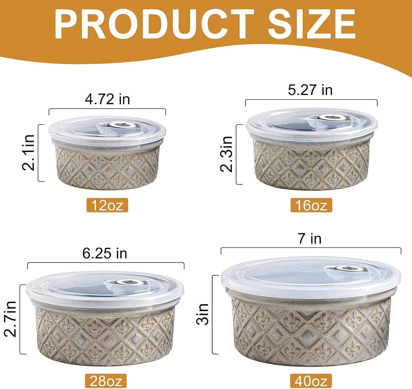Ceramic Mixing Bowls with Lids Set of 4, Embossed Nesting Storage Bowls for Cooking, Serving, Salad, Popcorn etc, Microwave and Dishwasher Safe, Baking Dishes 12/16/28/40 oz (Gray)