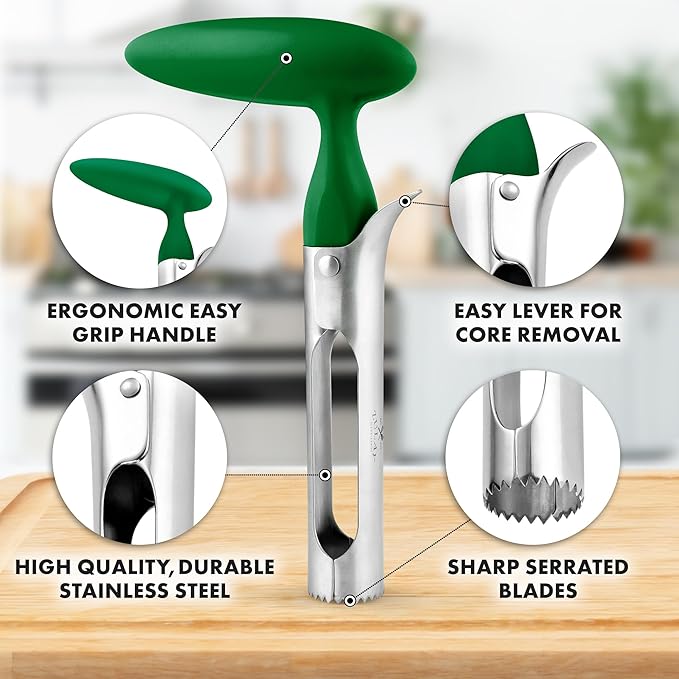 Zulay Kitchen Premium Apple Corer - Easy to Use Durable Remover for Pears, Bell Peppers, Fuji, Honeycrisp, Gala and Pink Lady Apples - Stainless Steel Cupcake Corer - Green