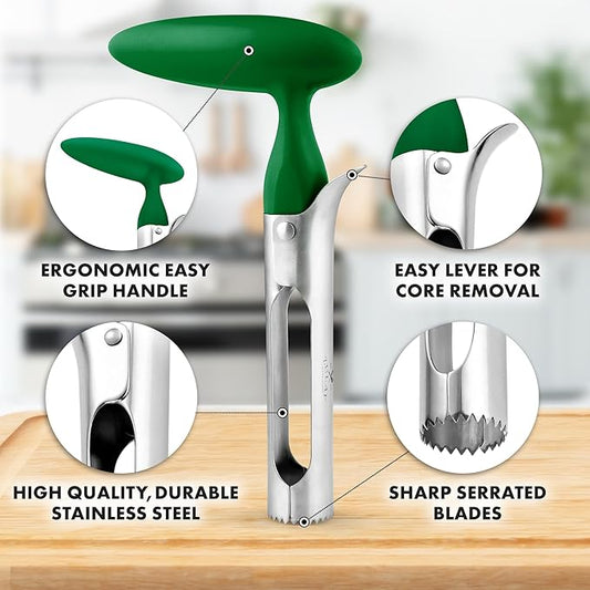Zulay Kitchen Premium Apple Corer - Easy to Use Durable Remover for Pears, Bell Peppers, Fuji, Honeycrisp, Gala and Pink Lady Apples - Stainless Steel Cupcake Corer - Green