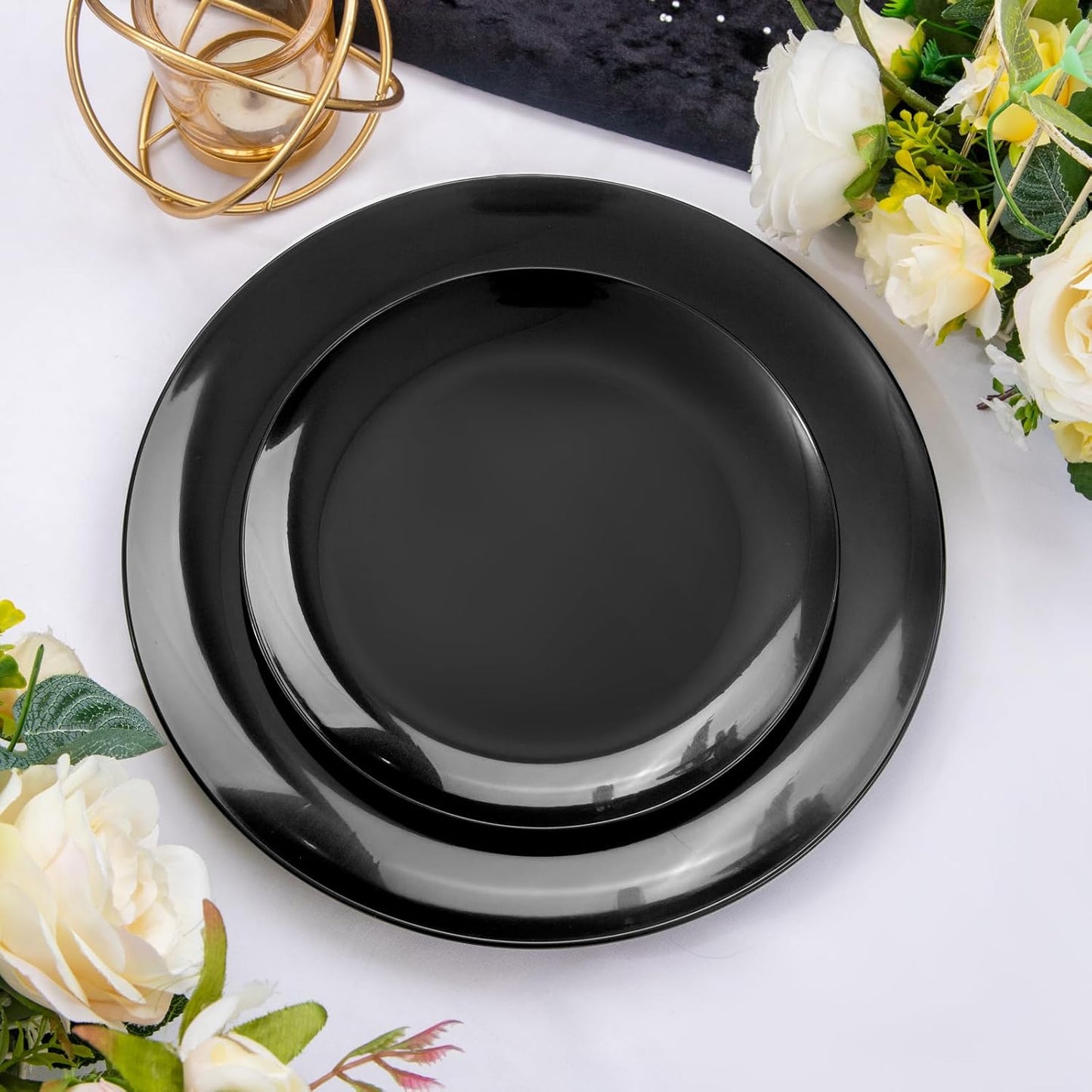 PULOTE 100PCS Black Plastic Plates Disposable - Premium Heavy Duty 50 Black Dinner, 50 Dessert/Salad Plates - Ideal for Party, Halloween
