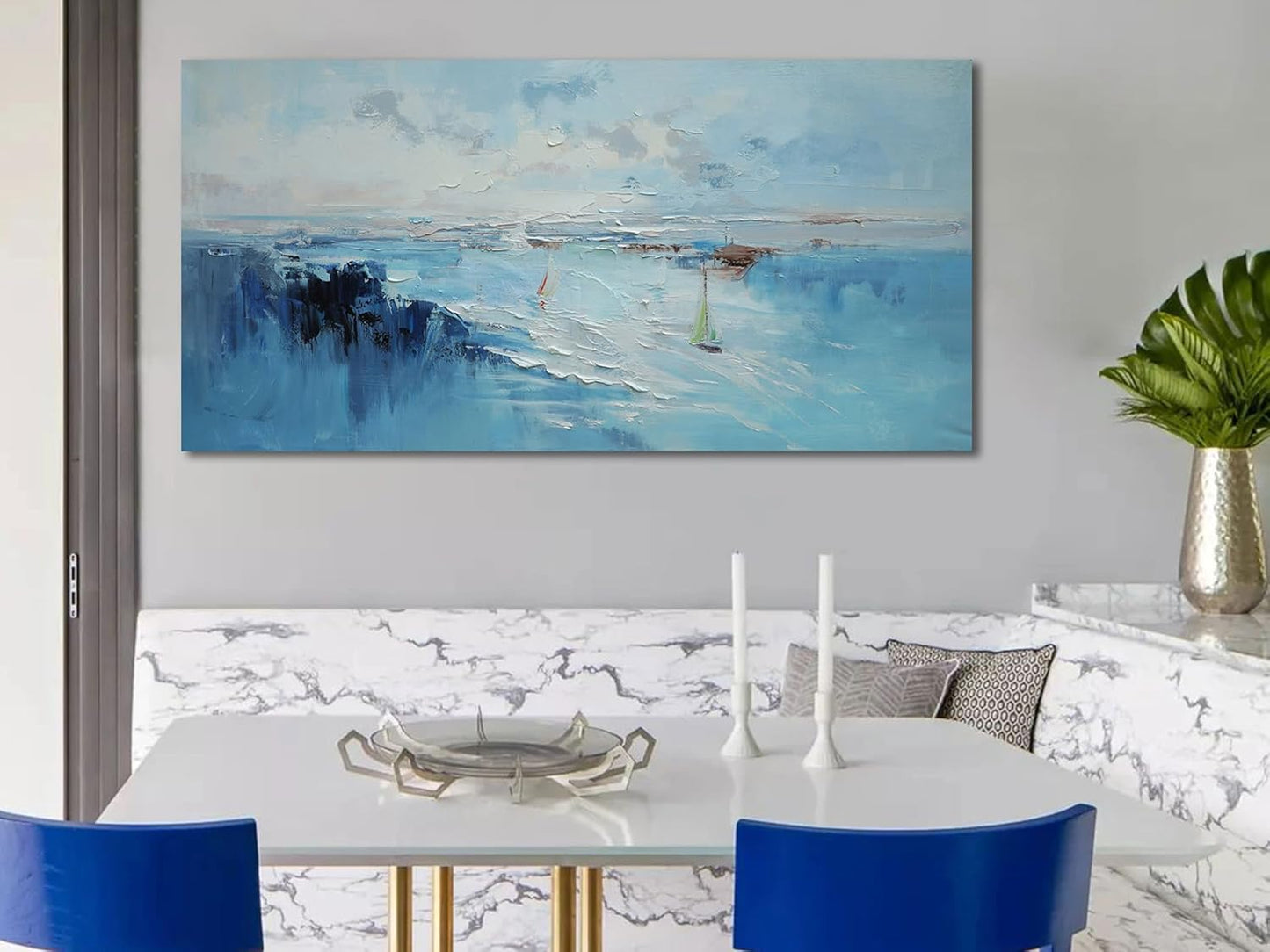 Ardemy Abstract Wall Art for Living Room Large Teal Coastal Sailboat Textured Bedroom Pictures Wall Decor Artwork for Walls Home Office Kitchen Dining Room, 48"x24"