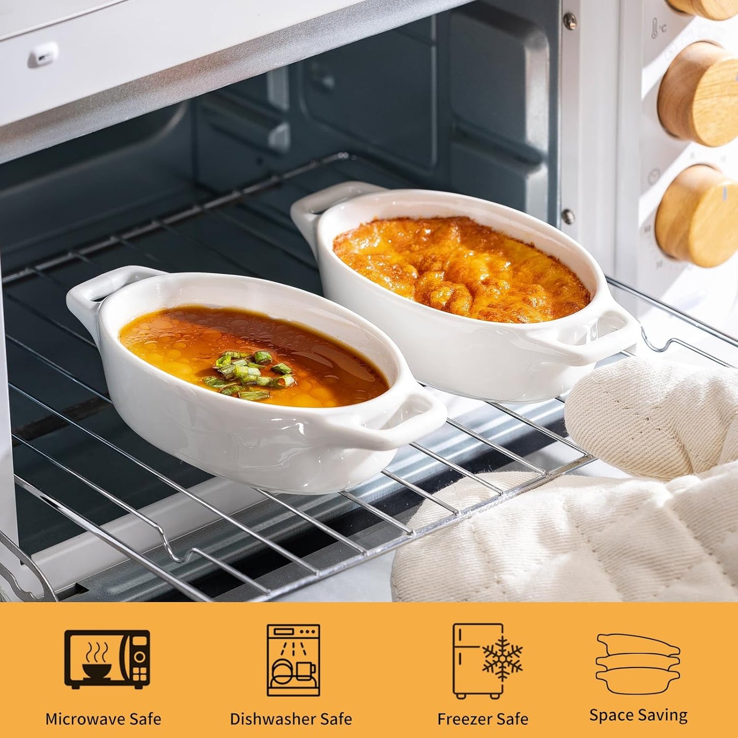 4-Pack Oval Creme Brulee Ramekins, 4 oz Mini Porcelain Souffle Dish, Ramekins Oven Safe with Double Handles (White)