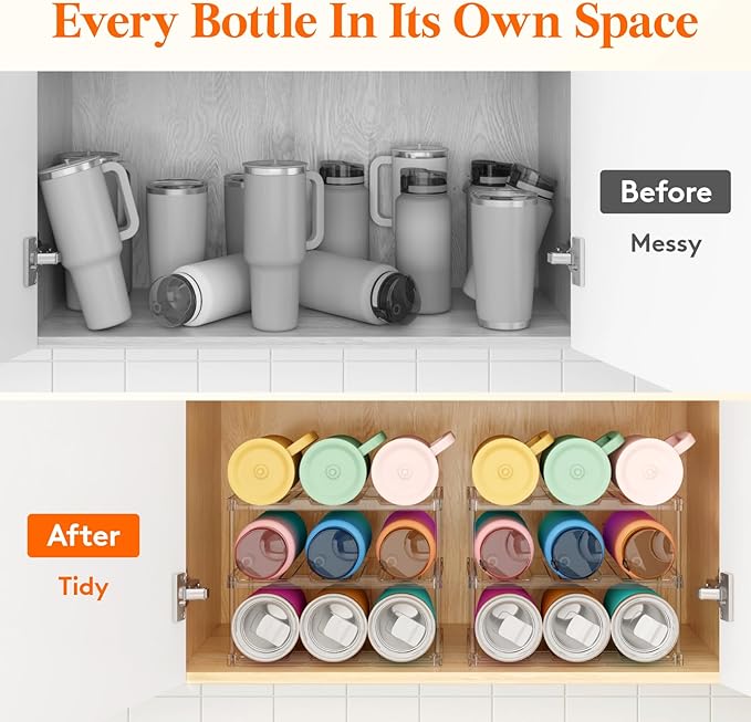 Lifewit Stackable Water Bottle Storage Organizer, Clear Freestanding Wine Bottle Holder for Cabinet, Tumbler Cup Organizer, Plastic Large Compartment Wine Rack for Fridge Cellar, 3Tier Hold 9