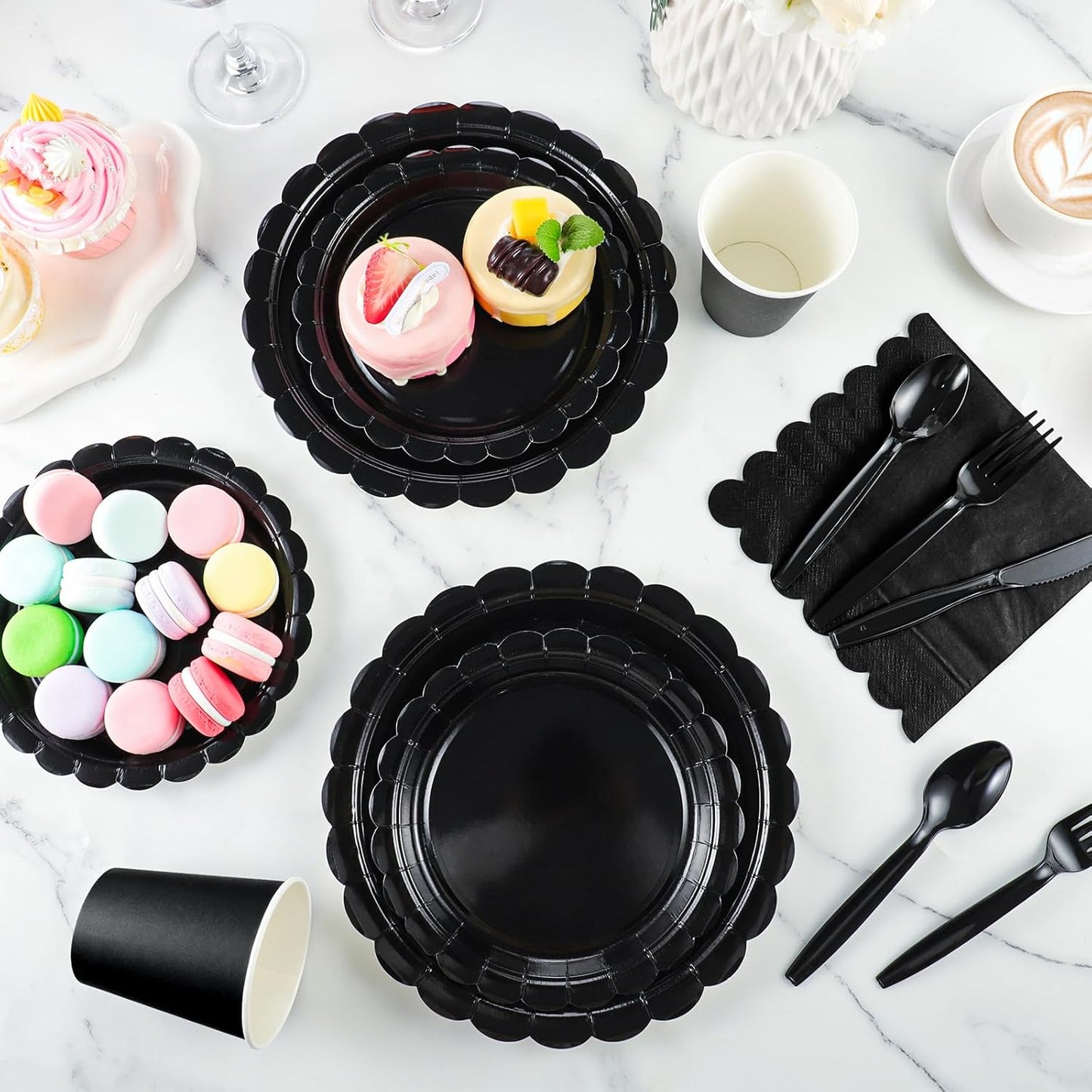 350 Pcs Black Paper Plates and Napkins, 25 Guest Black Birthday Party Supplies Includes Scalloped Party Plates Napkins Cups Plastic Spoons Forks Knives for Birthday, Wedding, Halloween