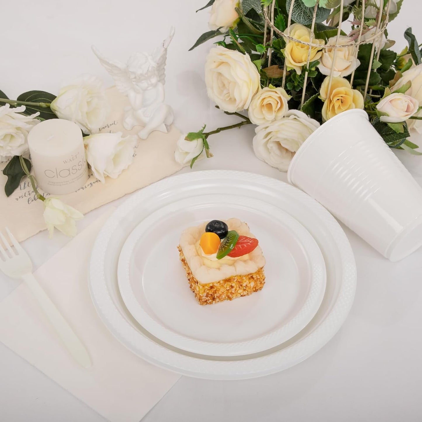 WELLIFE 210 Pieces White Party Supplies, White Plastic Dinnerware Set, Including Plates, 16OZ Cups, Plastic Cutlery and Paper Napkins Serve 30 Guests for Party