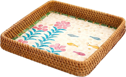 Rattan Tray with Mother of Pearl Inlay, Boho Coffee Table Decor, Decorative Serving Tray, Farmhouse Gift for Living Room & Bathroom