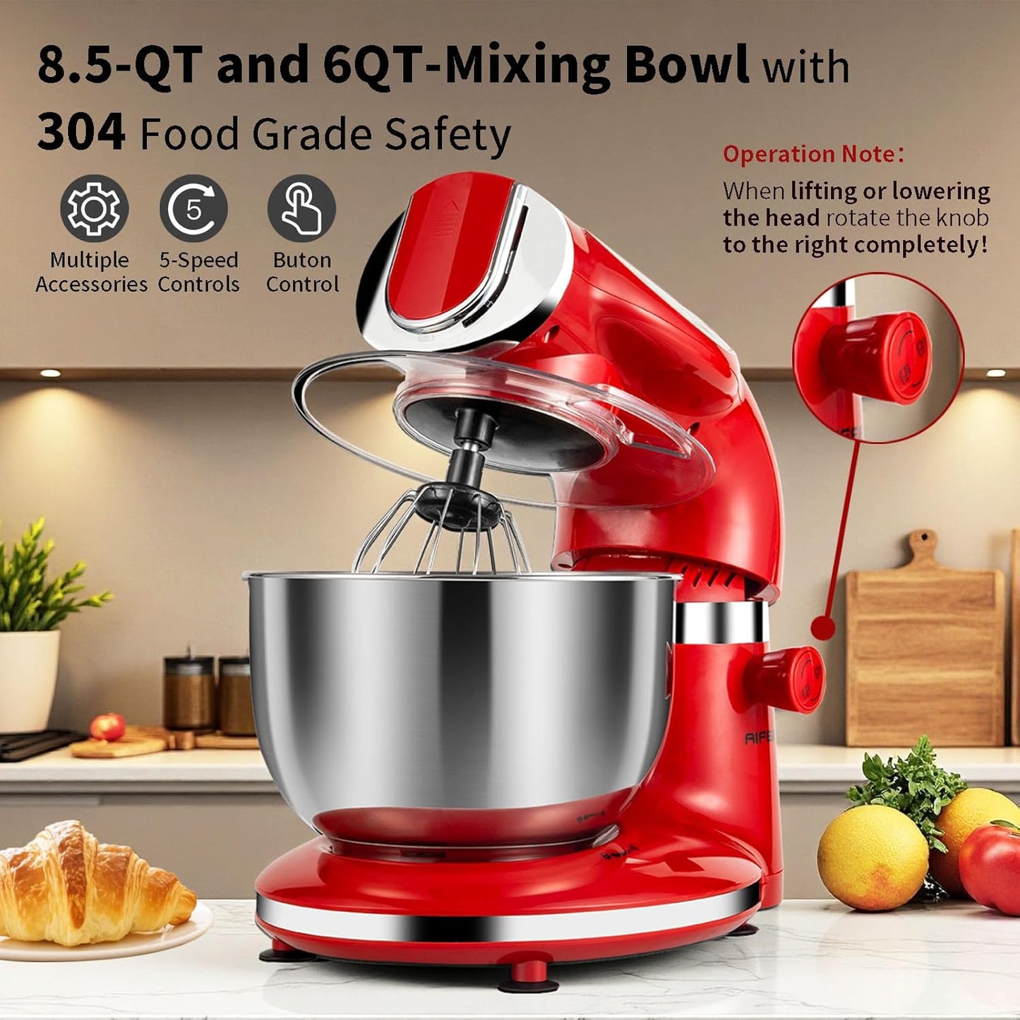 Aifeel Stand Mixer, 8.5QT+ 6QT Two Stainless Steel Bowls Electric Food Mixer, 7 in 1 Multifunctional Kitchen Mixer with Dough Hook, Whisk, Beater, Meat Grinder,Pasta & Cookie Maker-Red