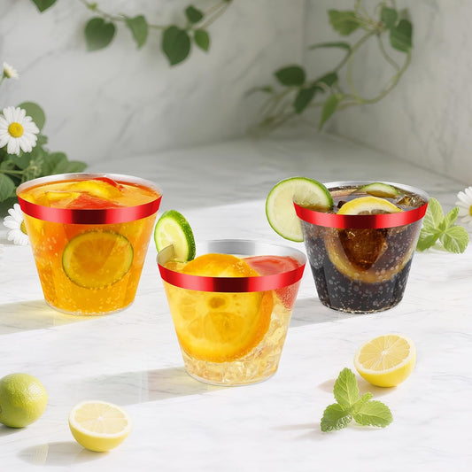 100pcs Red and Clear Plastic Cups, 9oz Plastic Cups Red Rimmed Disposable Cocktail Glasses Fancy Disposable Cup Drinking Tumblers Shot Cup for Wedding Party