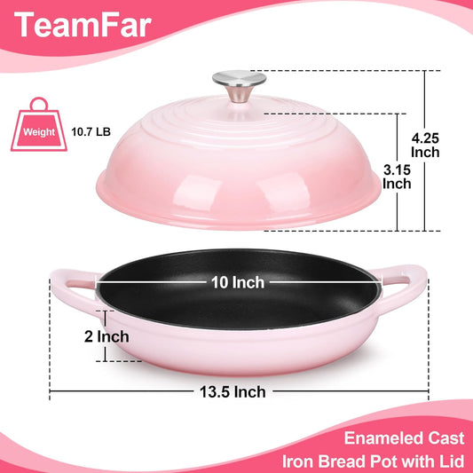 TeamFar Cast Iron Bread Dutch Oven, 6 Qt Enameled Dutch Oven Pot for Sourdough Bread Baking, with Tall Dome Lid & Round Base Pan, Self-Basting & Even-Heating, Heavy-Duty & Non-stick, Pink