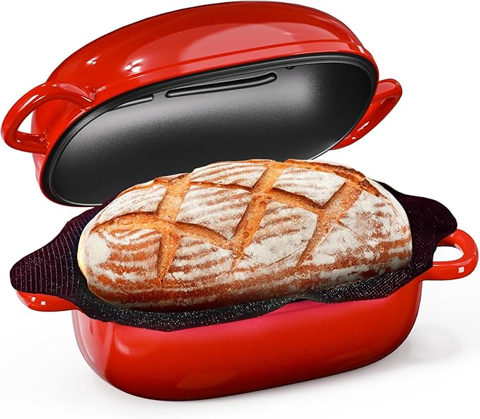 Cast Iron Dutch Bread Oven - 2.5QT Dutch Oven for Sourdough Bread Baking, Cast Iron Bread Loaf Pan with Perforated Non-Stick Silicone Liner, Blue Oval Bread Baking Pan, Gift for Family & Baker,Red