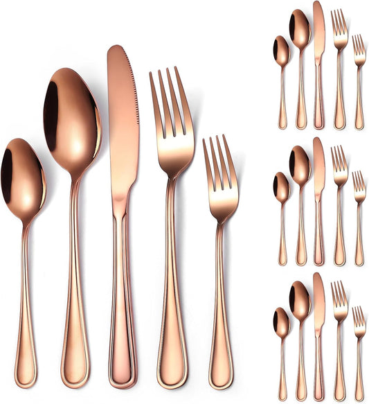 20 Pieces Rose Gold Flatware Set for 4 Person Luxury Stainless Steel Cutlery Forks Knives Spoons Modern Eating Utensils Double Line Edges Handle