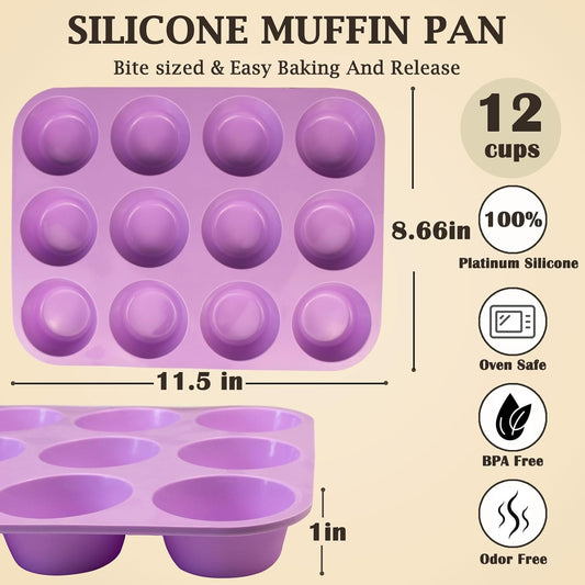 12 Cups Silicone Mini Muffin Pan Set, Nonstick Mini Cupcake Pans, BPA Free Small Muffin Tin for Baking, Set of 2 (Orange+Purple)