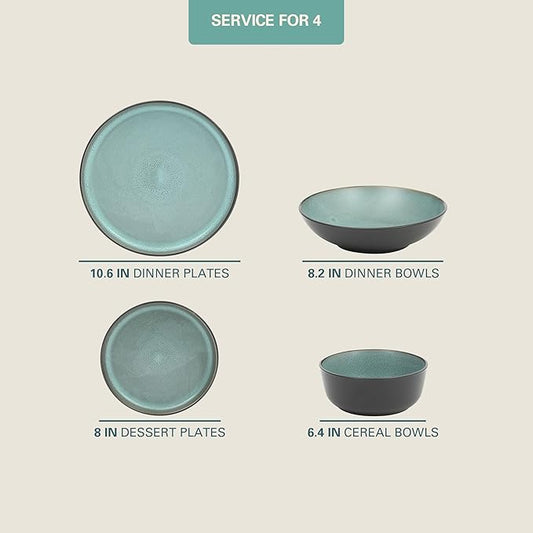 Gibson Elite Tribeca Loft 16-Piece Dinnerware Set – Matte Black and Green Reactive Glaze Stoneware, Double Bowl Round Plates and Bowls – Modern Rustic Tableware for 4, Dishwasher & Microwave Safe