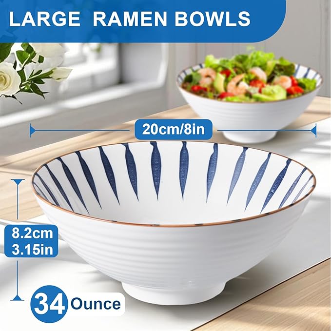 8-Inch Ceramic Ramen Bowl Set of 2 (9 Piece) - Porcelain Japanese Salad Noodles Cereal Fruit Pasta Soup Large Bowls with Recipes Chopsticks Forks Spoons for Men Women Gift Microwave & Dishwasher Safe