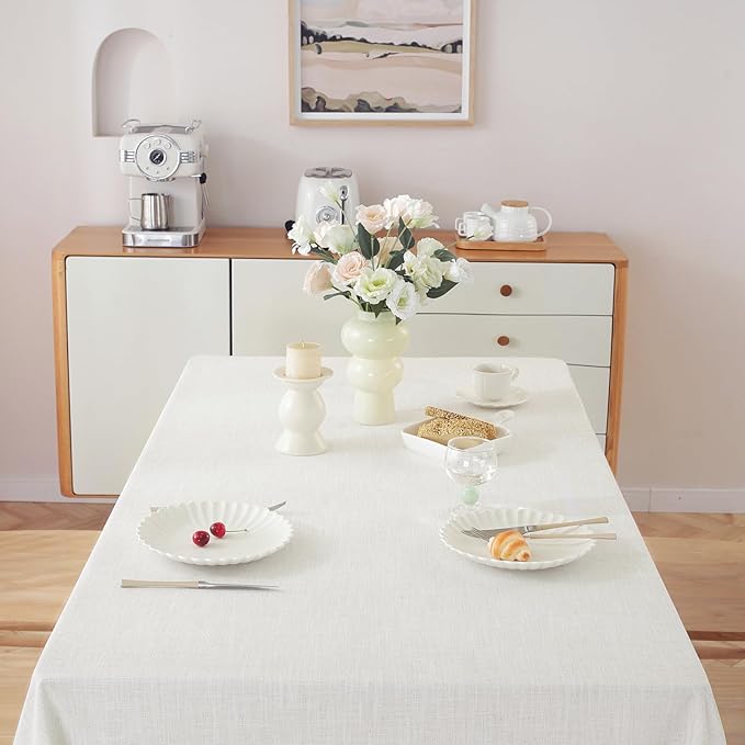 JIALE Textured Tablecloths, Heavy Duty Cotton Linen Farmhouse Table Cloth Rectangle Table, Waterproof Wrinkle-Free Rectangle Tablecloth for Kitchen, Dining, Parties, 55"x55", Ivory