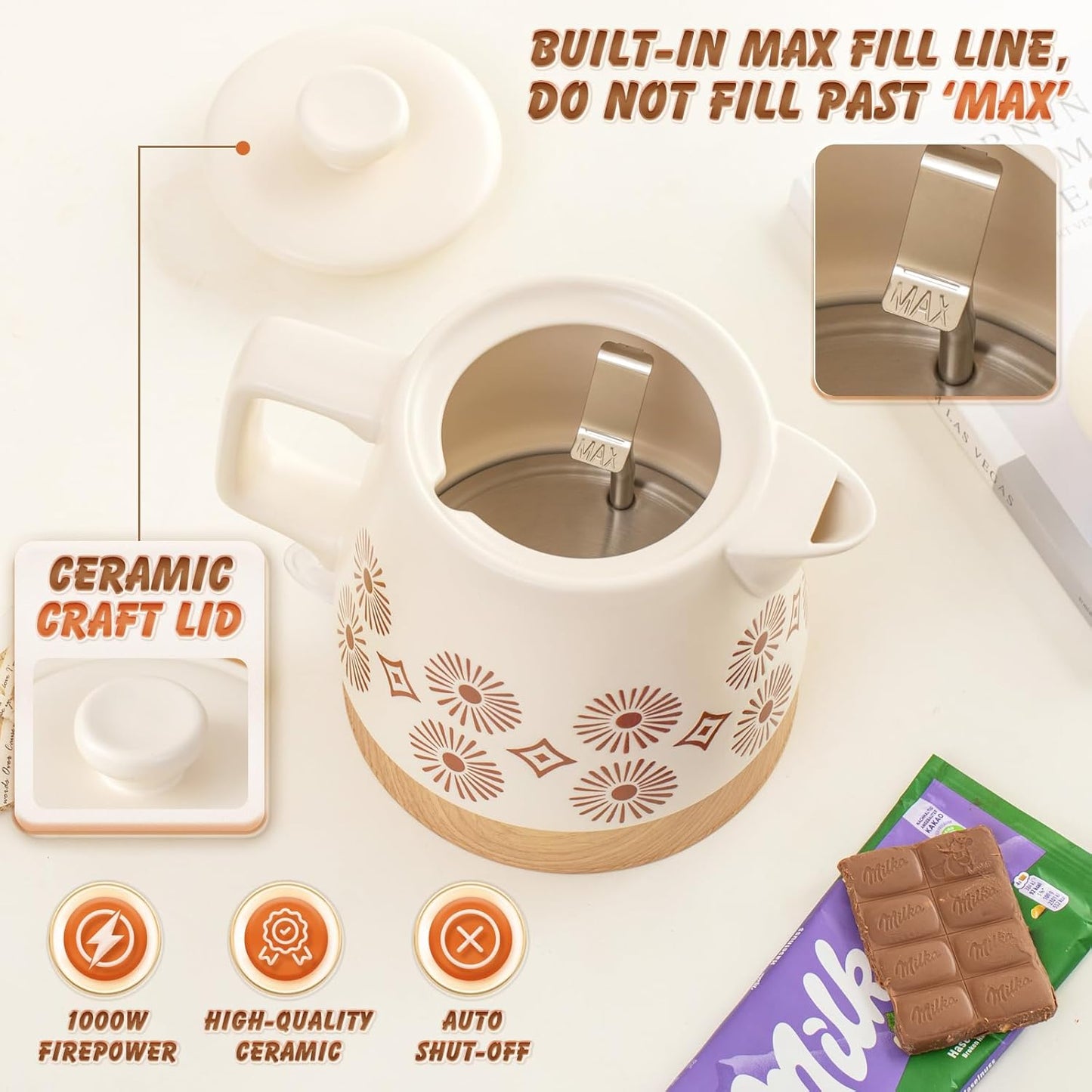 Ceramic Electric Kettle Pot 1.1 Quart, Boiling Water boiler, Teapot Automatic Shut-Off, BPA-Free, Rapid Boil For Coffee & Tea, Boil-Dry Protection, 1000W