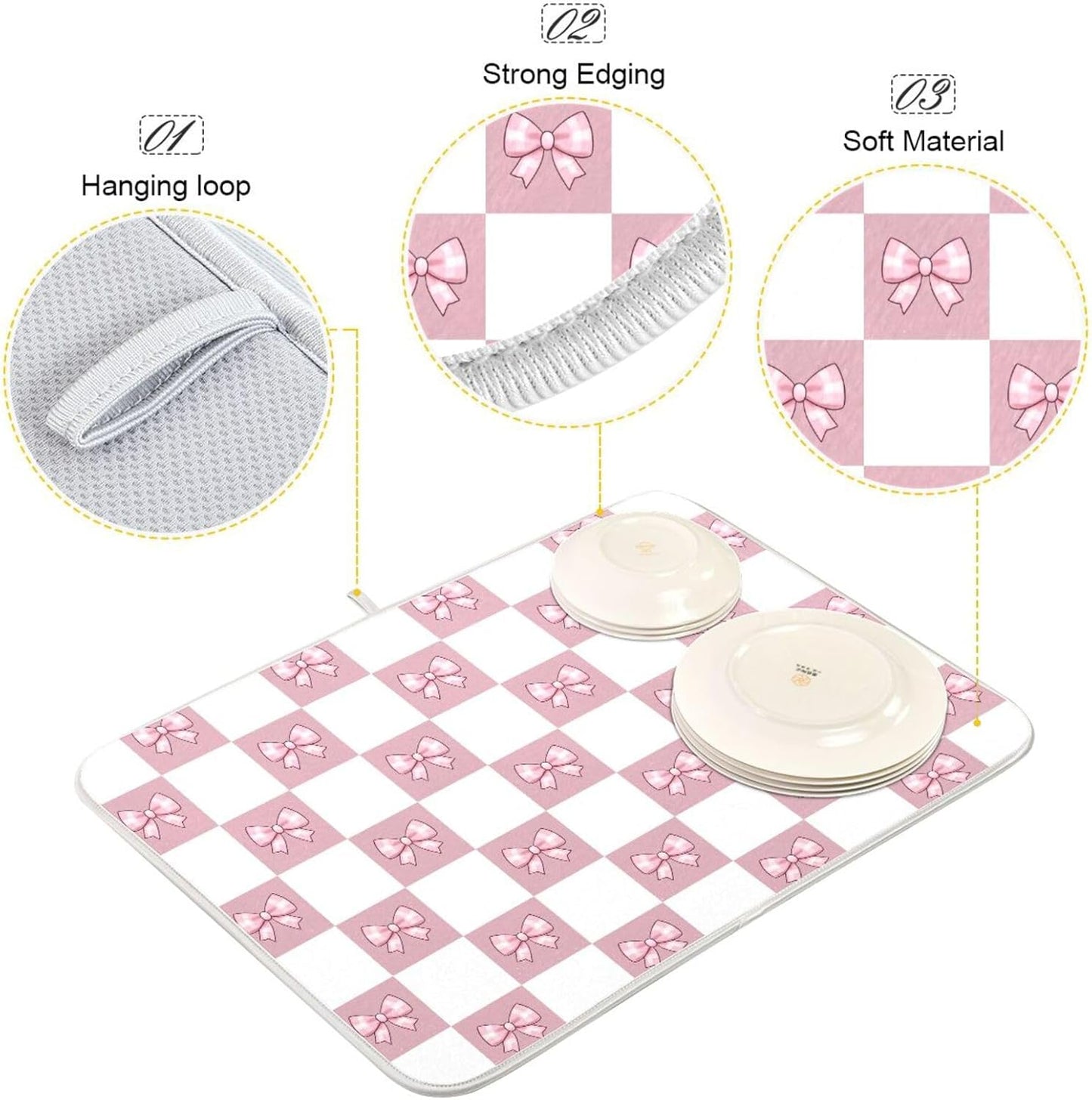 Pink White Bow Checkered Dish Drying Mat for Kitchen Counter Absorbent Dish Drainer Mats Drying Pads 18"x24"