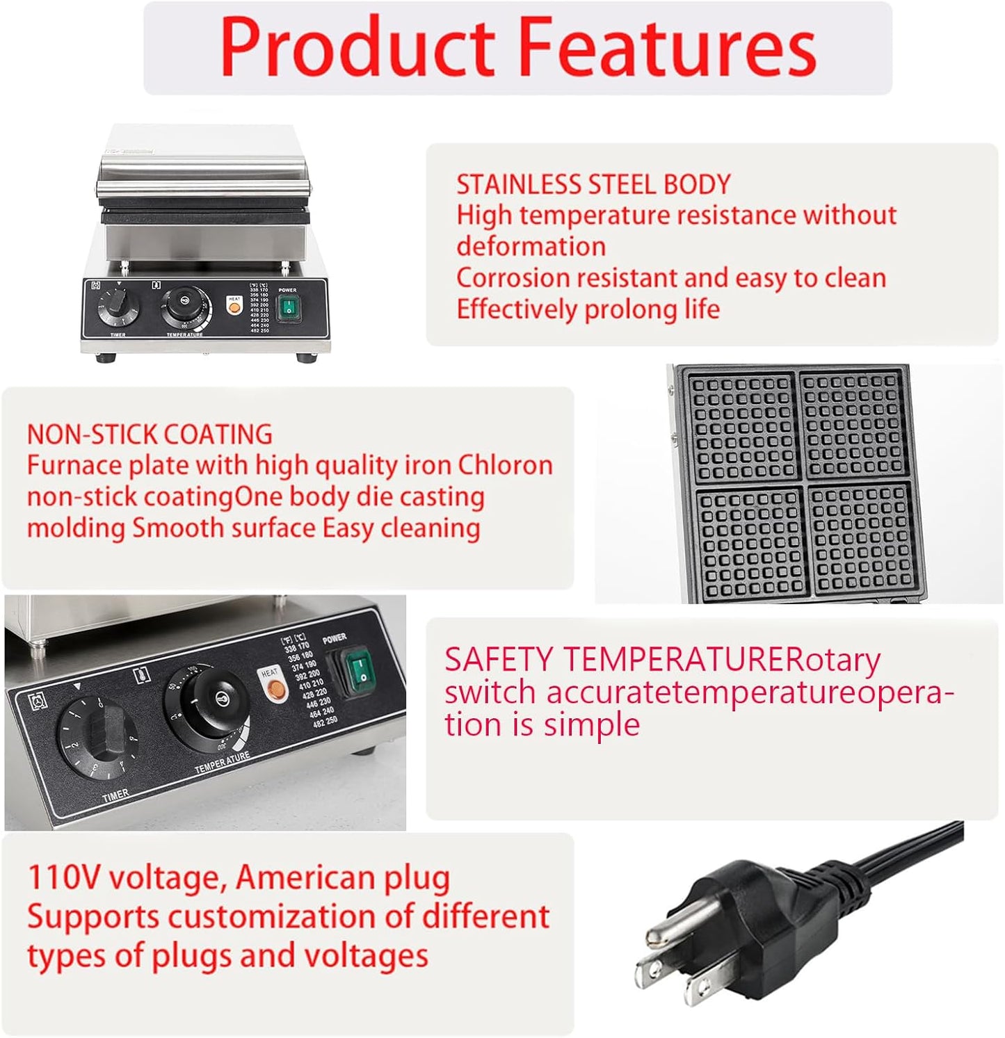 Industrial Waffle Maker 1750W Square Waffle Iron, 110V Non-Stick Waffle Baker Machine, 4 Slice Belgian Waffle Maker Teflon-Coated Baking Pans Stainless Steel Body,50-300℃/122-572℉ Adjustable